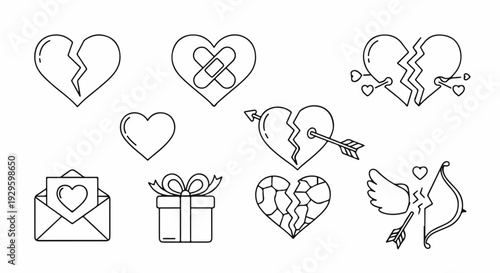 Collection of heart-shaped icons and related symbols, line art, white background