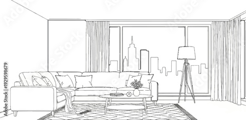 Cozy living room with sectional sofa, coffee table, and city skyline view