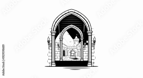 Gothic archway framing a medieval courtyard with a well and tower