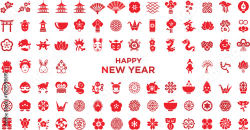 Japanese New Year traditional icon collection with cultural symbols ornaments festive elements and celebration design set