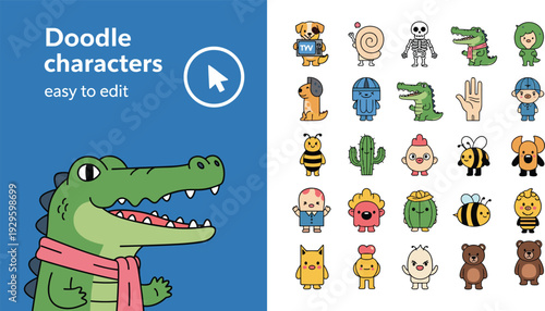 Set of cute doodle characters including crocodiles, bears, bees, and cacti with funny expressions, featuring easy to edit colorful cartoon animal icons,