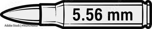 A graphic illustration of a 5.56 mm bullet cartridge, black outline