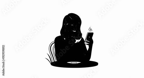 Silhouette of a woman with coffee and phone at a table