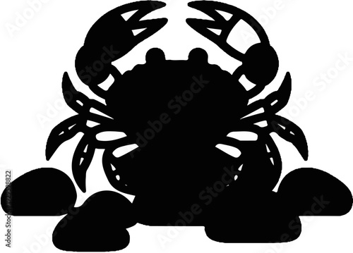 Black silhouette of a stylized crab with pincers raised and several rounded shapes below