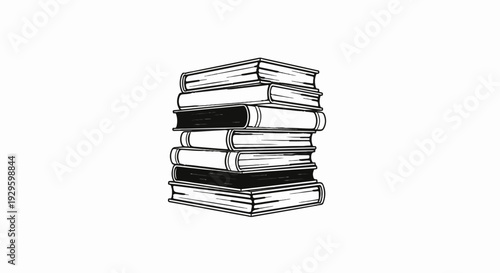 A stack of seven hardcover books, some with black covers, drawn in outline