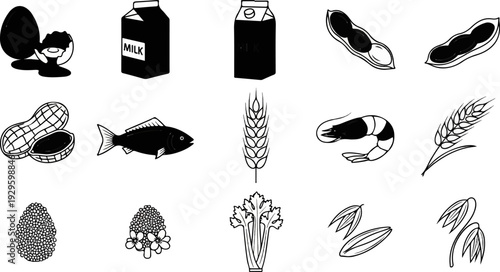 Collection of common food allergy icons including egg, milk, peanut, fish, shrimp, soy, and grains