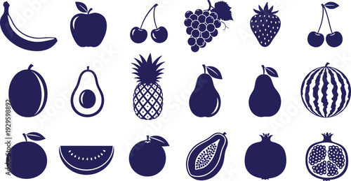 Collection of 16 various fruit icons in dark blue