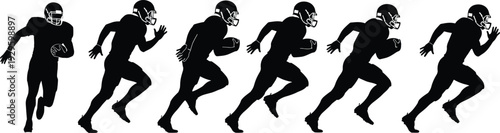 American football player running with ball silhouettes, dynamic athlete sprint poses, professional sport vector illustration set