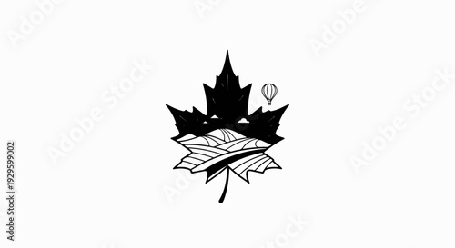 Silhouette of maple leaf enclosing rolling hills, clouds, and hot air balloon