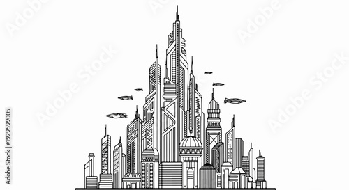A futuristic city skyline with soaring, geometric skyscrapers and flying vehicles