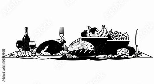 Feast spread with roasted fowl, fish, fruits, wine, and cheese