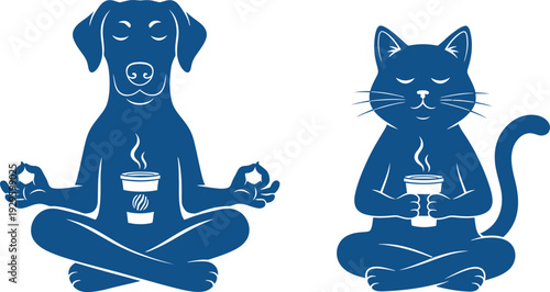 Meditating dog and cat in yoga poses