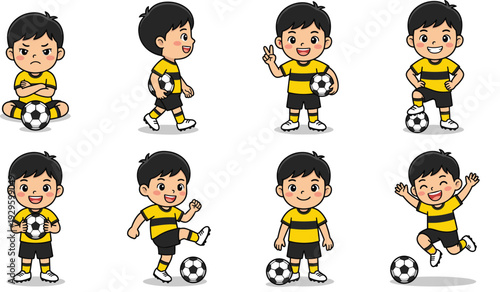 Cartoon illustration of young soccer boy in striped uniform multiple poses with ball sitting walking standing kicking jumping cheerful kids sports artwork perfect for athletic children content