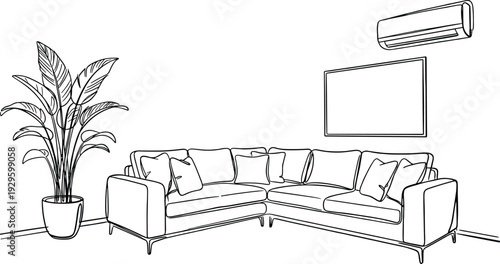 Modern living room interior line art illustration with corner sofa sectional indoor potted plant air conditioner and blank wall frame for home decoration vector