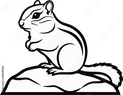 A stylized black and white illustration of a chipmunk sitting on a rock
