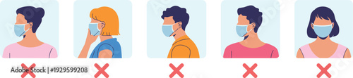 Educational medical illustration showing diverse people wearing surgical face masks incorrectly with red cross marks for common mistakes isolated on a white background