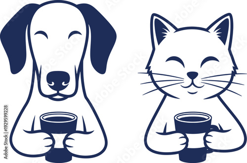 Meditating dog and cat with coffee cups