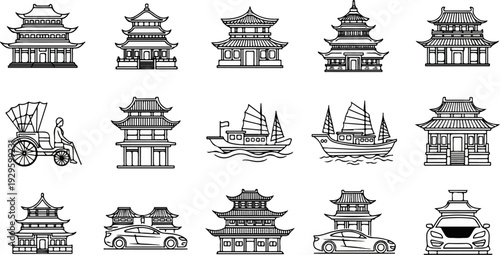 Collection of Asian architectural structures, sailing vessels, and modern vehicles
