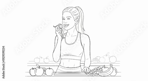Athletic woman with ponytail eats apple while preparing healthy fruit platter