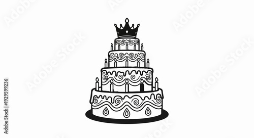 Multi-tiered black and white illustration of a celebratory cake topped with a crown