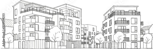 Architectural sketch of multi-story buildings with balconies and trees