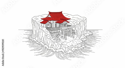Japanese shrine on a rocky island surrounded by crashing waves