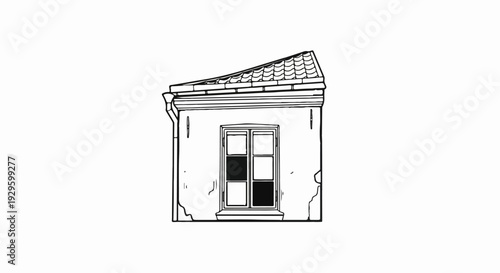 Stylized, monochromatic depiction of a building facade with a tiled roof and a multi-paned window