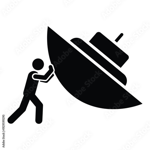 Man pushing a large boat into the water for sailing or rescue operations icon