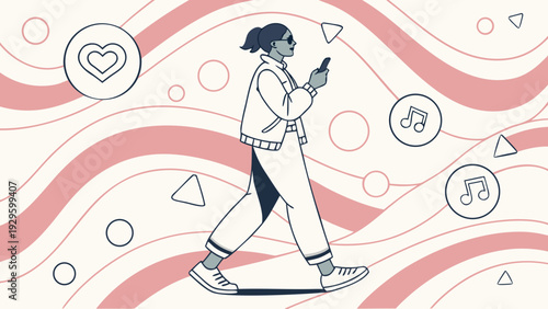 Woman walking while using smartphone with social media icons around her