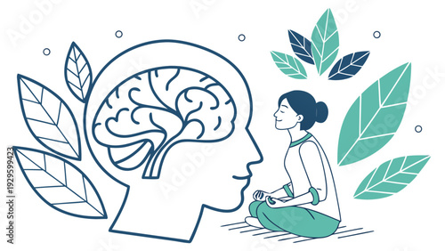Woman meditating with leaves and brain illustration