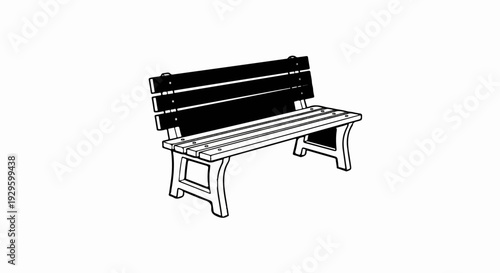 A simple black and white illustration of a park bench with wooden slats and ornate legs