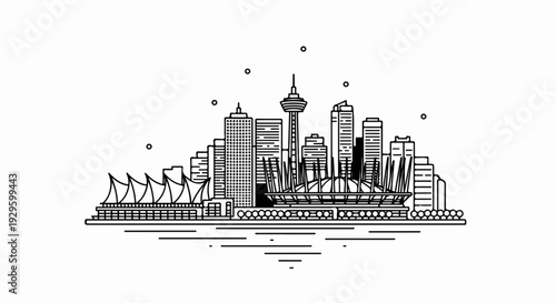 A line art depiction of a modern city skyline with diverse architecture, set against a white background