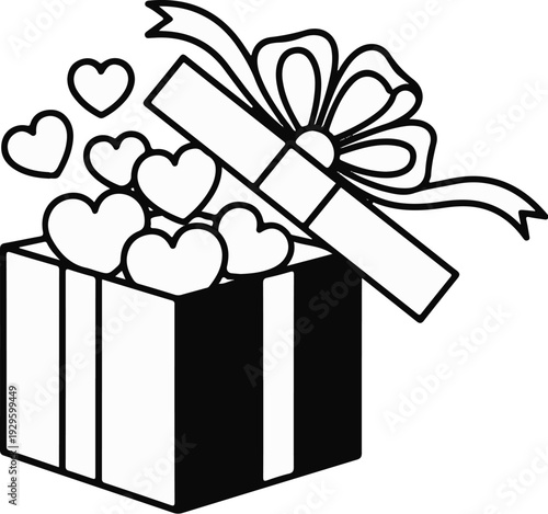 Open box with hearts and ribbon, a celebration gift