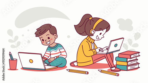 Children engaged in e-learning with laptops and books