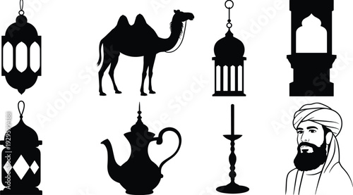 Islamic culture silhouette icon set with camel lantern teapot minaret column candle and Arab man portrait flat vector illustration
