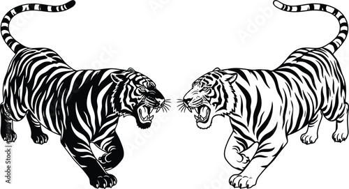 Two tigers facing each other in black and white illustration