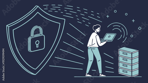 Person with laptop protected by shield and lock symbol