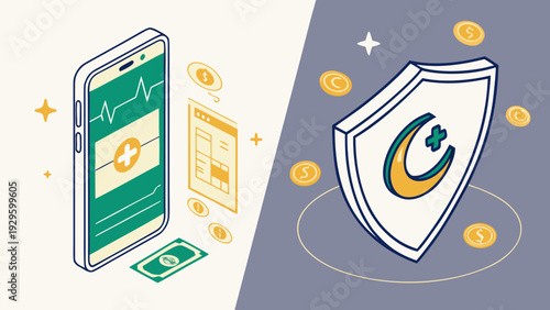 Secure mobile payment with shield protection and financial symbols