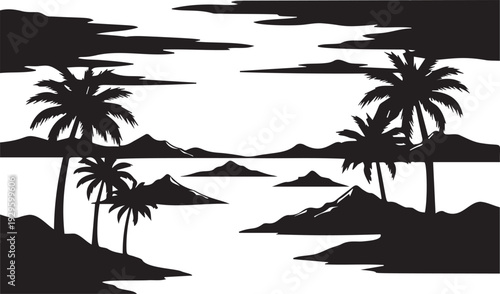 Tropical island silhouette vector beach paradise palm trees mountains ocean clouds exotic landscape