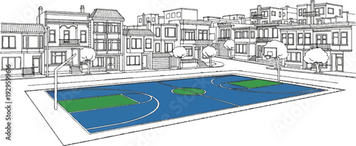 Sketch of a basketball court in a city neighborhood with row houses