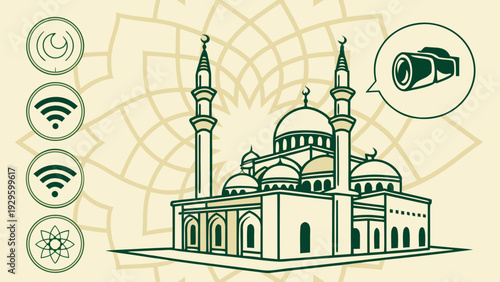 Modern mosque with minarets and domes featuring technology icons