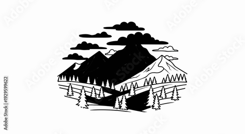 A stylized, monochromatic graphic depiction of a mountainous landscape with trees and clouds