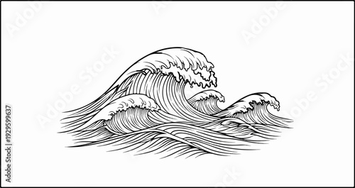 A dynamic black and white illustration of multiple crashing ocean waves with frothy crests