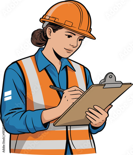 Female construction worker in safety vest and hard hat writing on clipboard for site inspection