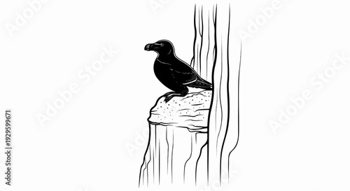 Stylized black bird with distinct beak perched on a textured rock by tree trunks