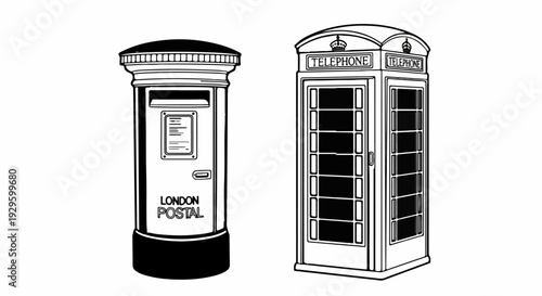 Iconic London postal box and telephone booth rendered in black and white line art