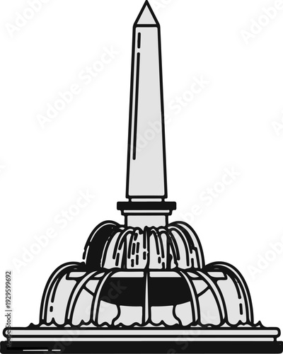 A stylized, monochromatic obelisk atop a tiered fountain with cascading water