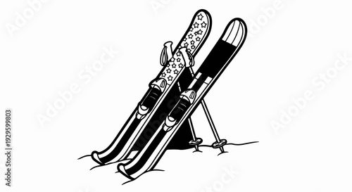 Black and white illustration of skis with poles and bindings on a snowy surface