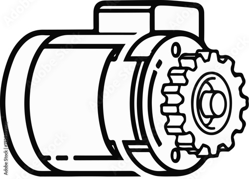 A black and white line drawing of a motorized component with a sprocket