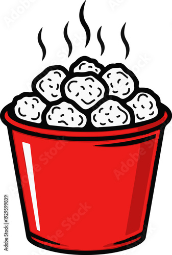 Steaming hot snacks piled high in a vibrant red container